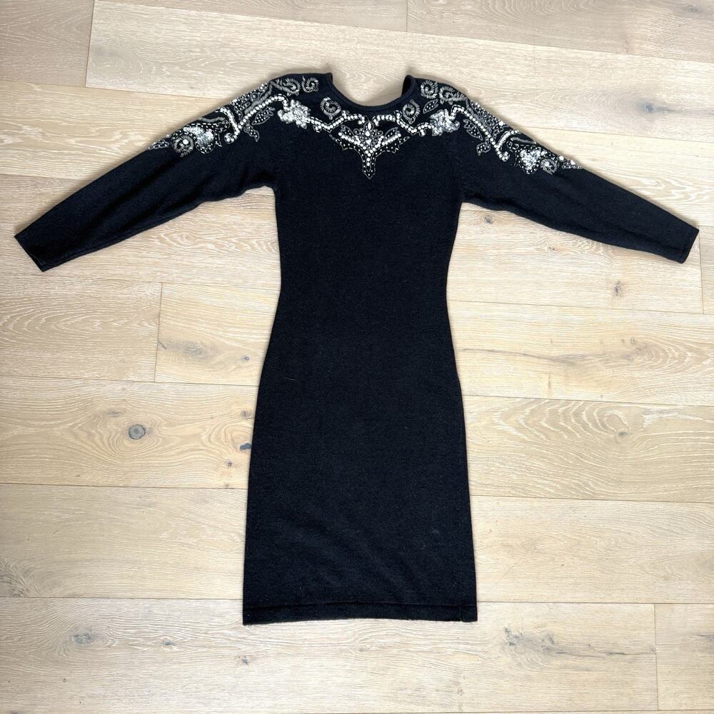 Vintage Sarah Taylor Black Knit Sequin Beaded Sweater Dress Silk Angora S